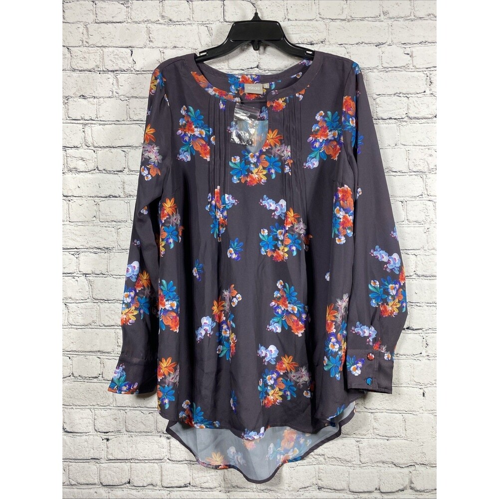 eShakti Women Floral Blouse Pin-tuck Pleated Hi-Low Top Grey Blue Orange XS 2